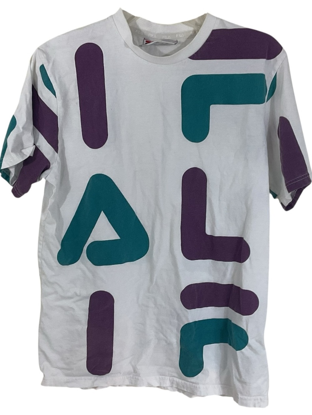 FILA All Over Logo Graphic T-Shirt White Teal Purple Menβs Medium 90s Style